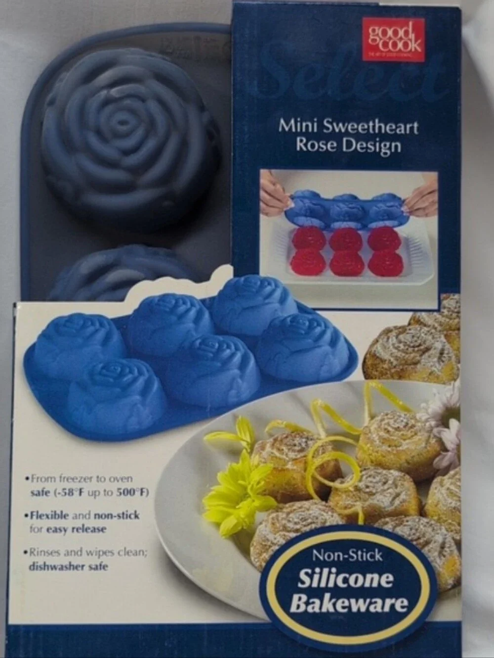 Good Cook 2 Mini Sweetheart Rose & 1 Rose Cake Silicone Bakeware Mold NIB